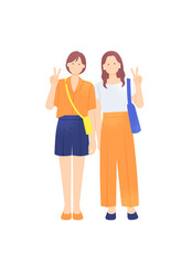 夏イメージのカジュアルな装い ピースサインをする若い女の子二人のベクターイラスト