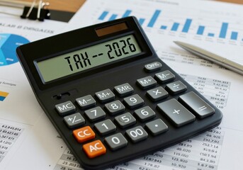 Black calculator on a desk displaying "TAX-2026," with business documents and a pen nearby.
