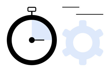 Stopwatch with highlighted section complements a gear symbol, emphasizing speed, productivity, and workflow optimization. Ideal for time, planning, efficiency, process, productivity business
