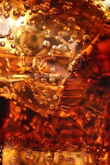 Refreshing cola with ice cubes as background, macro view