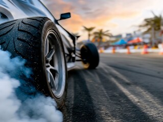 Fast car drifting on asphalt track, smoke from tires