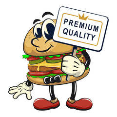 cute burger retro vektor illustration mascot character with a sign that says premium quality, work of hand drawn
