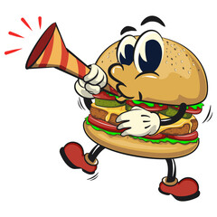 cute burger retro vektor illustration mascot character blow the party horn trumpet, work of hand drawn