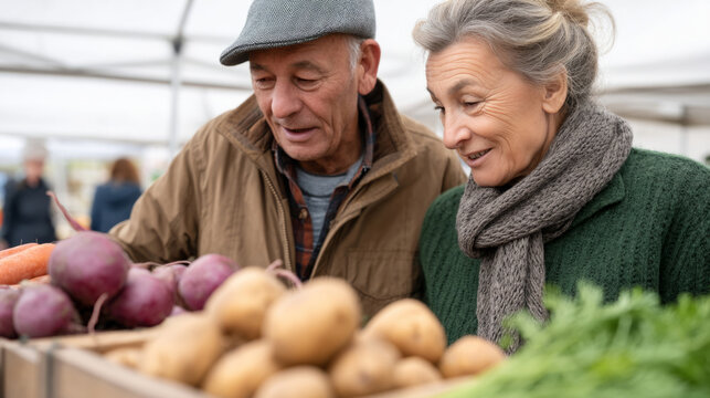 Elderly couple selecting seasonal local produce at market stall