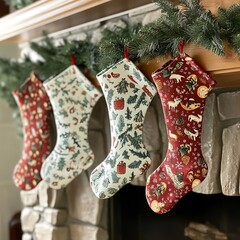 Festive christmas stockings with whimsical winter designs.