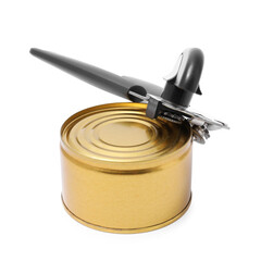 Can opener and tin isolated on white
