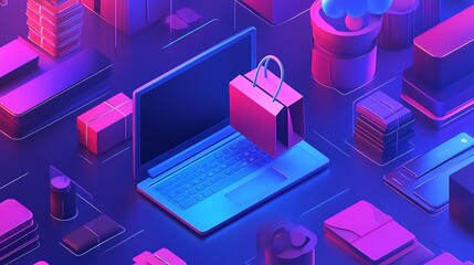A modern e-commerce scene with colorful isometric objects.