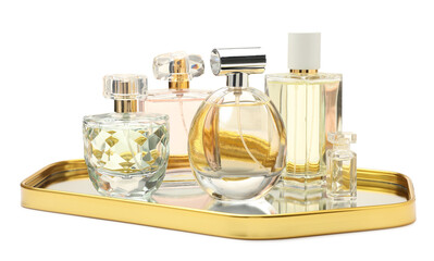 Many different perfume bottles isolated on white