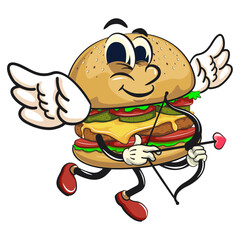 cute burger retro vektor illustration mascot character become a cupid with angel wings and the arrow of love, work of hand drawn