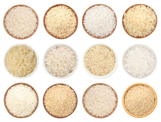 Brown and other types of rice in bowls isolated on white, set. Top view
