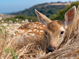 Fawn nestled in dry grass,  peaceful  wildlife scene