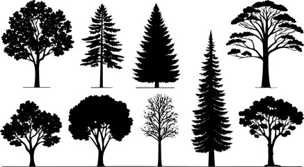Tree Silhouette Vector Set, Diverse Coniferous and Deciduous Tree Illustrations for Nature and Landscape Design Projects