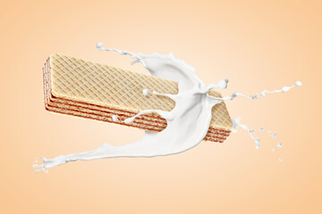 Tasty crispy wafer and milk splash on dark beige background