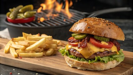 Close up of a burger with fries and pickles on a wooden board