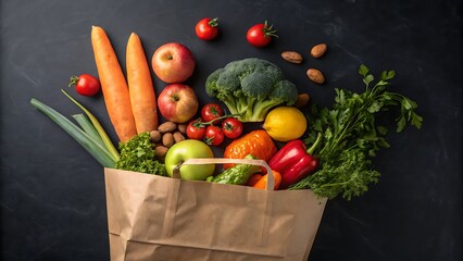 Paper bag filled with fresh vegetables and fruits on dark surface