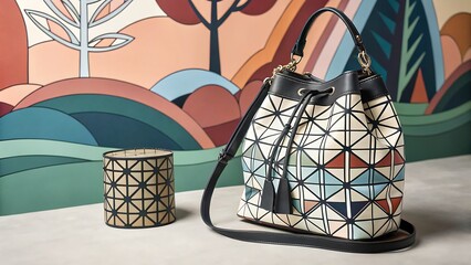 Geometric pattern handbag and matching container on display art