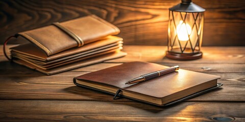 Warm light illuminates a leather-bound journal and pen resting on a rustic wooden surface, accompanied by a stack of similar notebooks, creating an inviting and contemplative atmosphere.