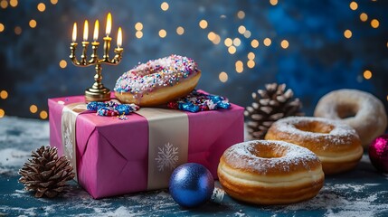 Festive gift with doughnuts and candles.