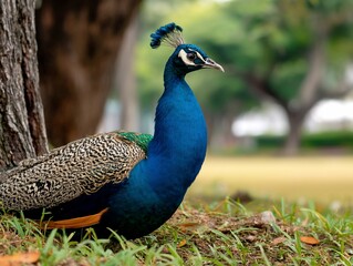 Obraz premium Captivating peacock poses gracefully by the tree