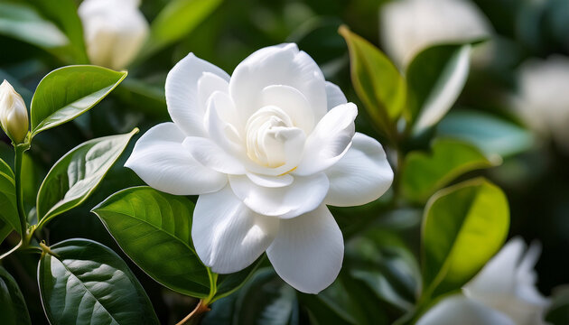 captivating close up of a pristine white gardenia in full bloom against lush green foliage