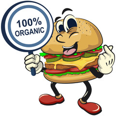 cute burger retro vektor illustration mascot character showing a 100% organic sign, work of hand drawn