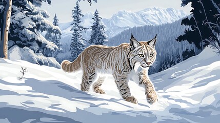 A lynx in a snowy mountain landscape.