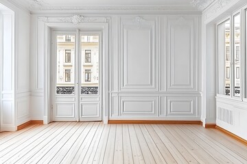 Fototapeta premium Aesthetic room with white wooden floors and white decorations in vintage style