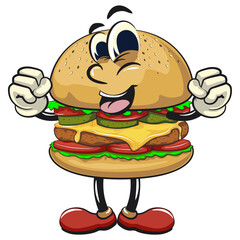 cute burger retro vektor illustration mascot character be healthy and strong enough to become a champion, work of hand drawn