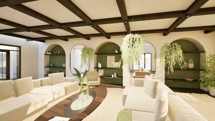 3D render of a modern Mediterranean living room with arched niches, wooden beams, beige boucle sofas, and lush greenery. Warm natural light enhances the cozy, stylish, and elegant interior design.