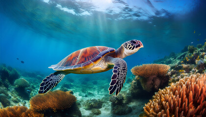 Fototapeta premium a realistic depiction of a sea turtle swimming gracefully in clear ocean waters amidst vibrant coral reefs