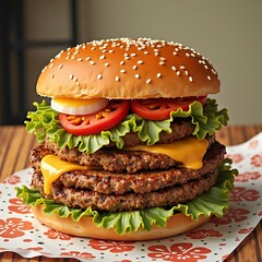 Delicious burger food cheeseburger lettuce tomato meat fastfood tasty gourmet sesame bun dish
