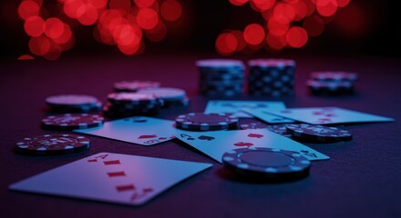 Casino chips and playing cards on a table with red bokeh lights