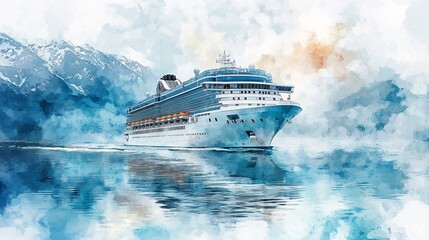 Watercolor painting of a cruise ship in a serene fjord.