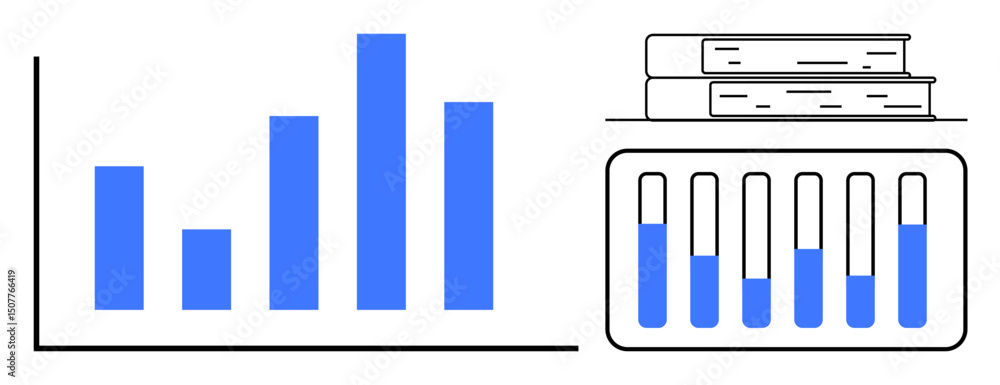 Poster bar graph visualization, books stacked on top, and test tubes with varying levels of liquid. ideal f