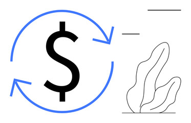 Large dollar symbol surrounded by blue circular arrows suggesting flow or exchange. Minimal plant line art adds contrast. Ideal for finance, recycling, sustainability, economy, banking, savings