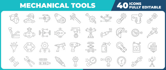 Mechanical tools modern thin line icons set. Ratchet Wrench, Socket Set, Grease Gun, Impact Wrench, Bearing Puller, Caliper and more. automotive repair and maintenance outline vector
