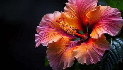 Fototapeta premium stunning close up of a vibrant hibiscus flower in rich orange and pink hues with detailed petals against a dark background ideal for nature and floral themes