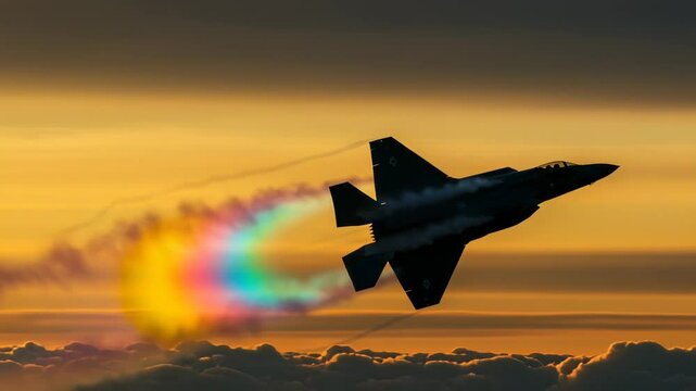 Fighter Jet Soaring Above Clouds During Sunset Leaving a Rainbow Trail