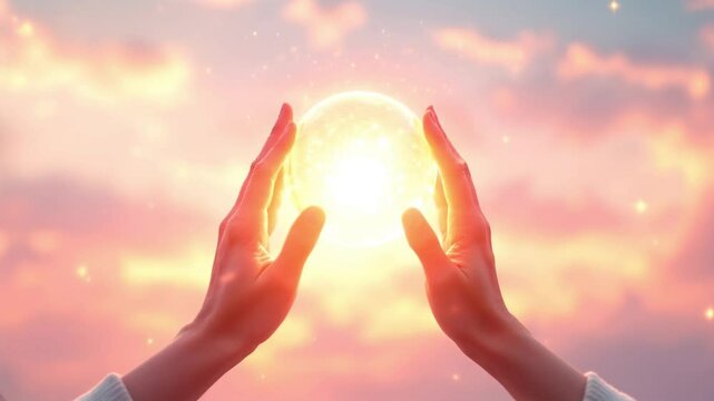 Woman s hands holding glowing energy orb at sunset