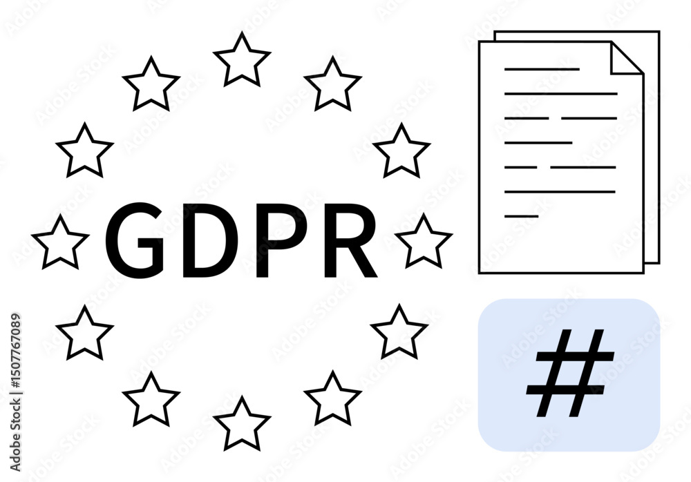 Poster gdpr text within a circle of stars, document, and metadata tag emphasizing data protection policy. i