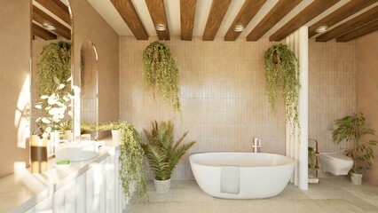 Bright Mediterranean-style bathroom with natural light, freestanding bathtub, wooden beams, and warm neutral tones. Features green plants, a modern vanity, arched windows. Body care. 3d render. Spa