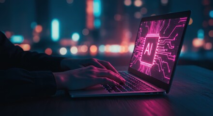 Artificial intelligence concept on laptop screen with circuit board and city bokeh