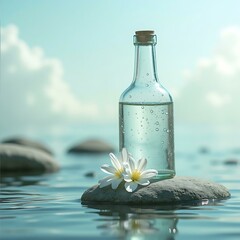 Obraz premium Mockup of bottle filled with water flowers rock nature liquid glass clear purity wellness spa relaxation calm