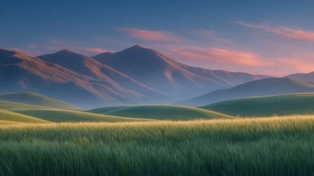 Green grass field with rolling hills and distant mountains at sunset, soft natural lighting, tranquil composition, pastel sky gradient, ideal for nature or travel backgrounds
