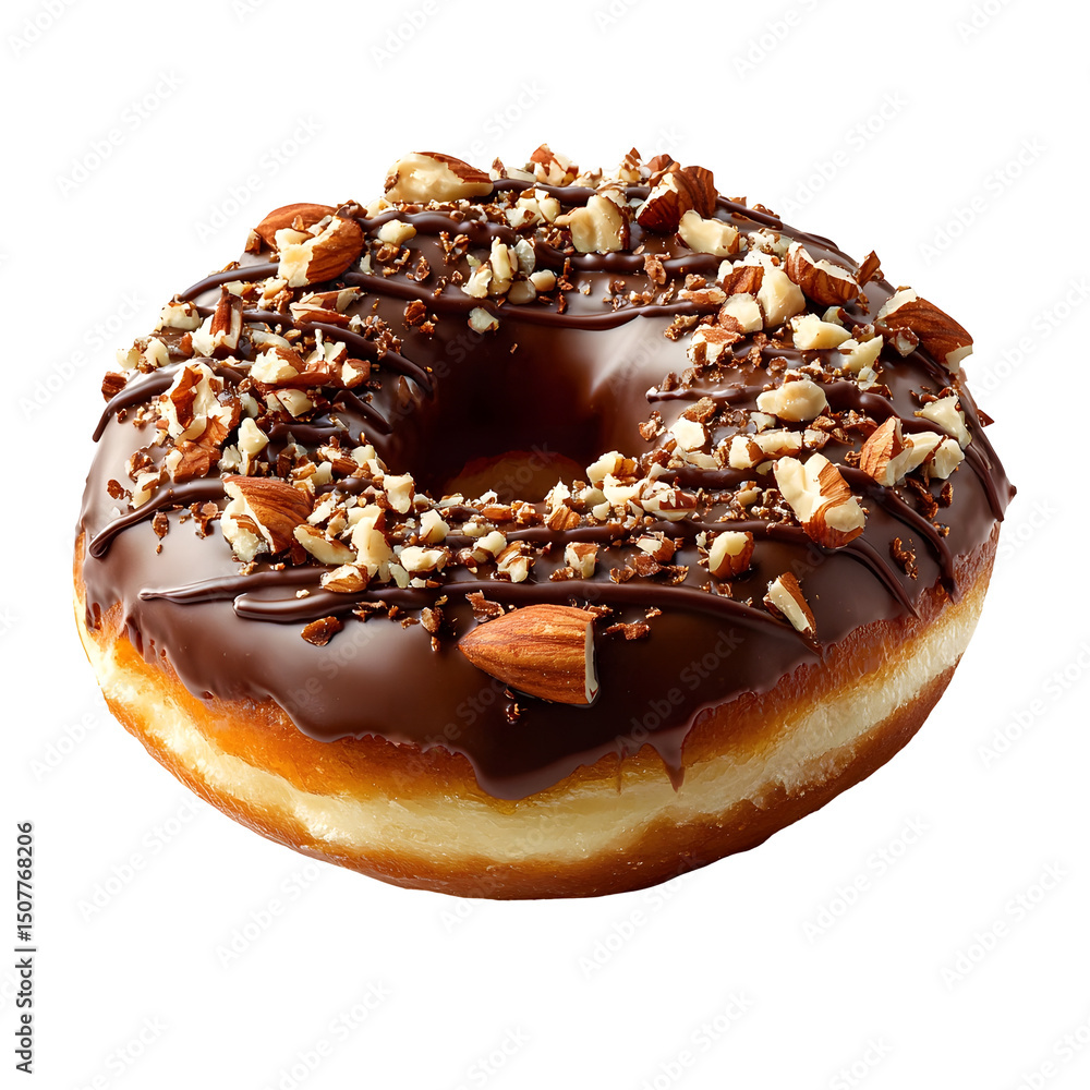 Poster a photograph of a perfectly round chocolate frosted donut topped with a generous layer of crushed nu