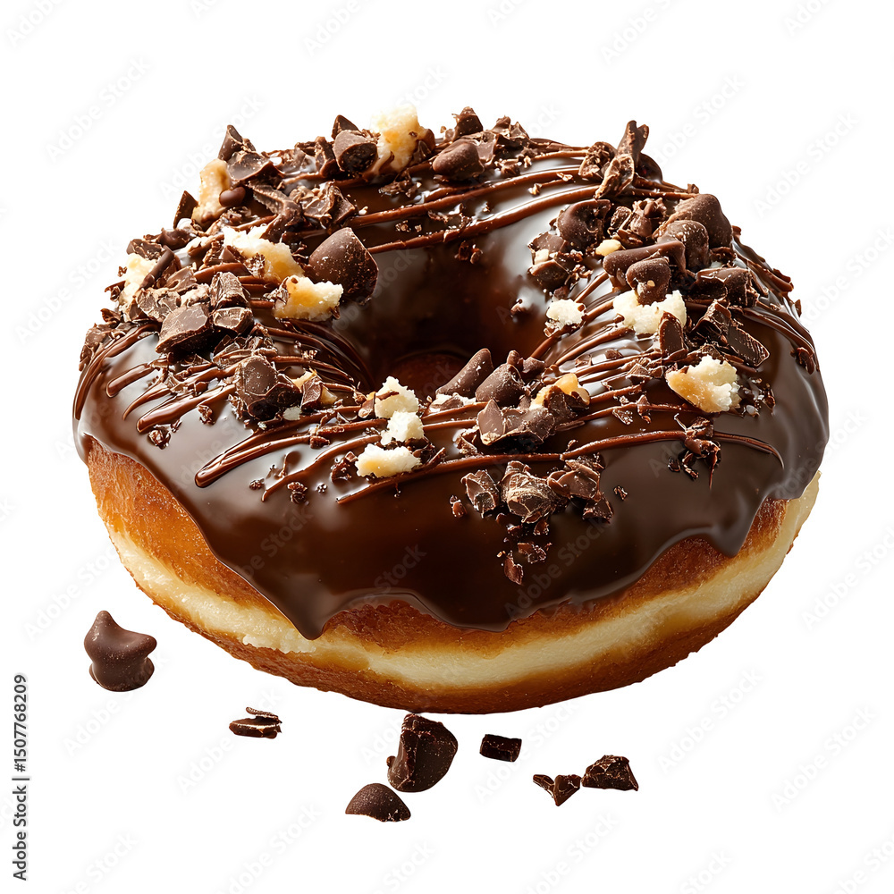 Poster a photograph of a freshly baked chocolate glazed donut with a rich shiny coating and a soft tempting