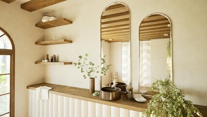 3D render. Modern bathroom vanity with arched mirrors, wood accents, and lush green plants. Warm lighting and minimalist decor, cozy, natural ambiance. Stylish interior design with organic elements