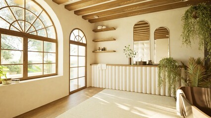3D render of a modern bathroom with a freestanding brown, black bathtub, wood ceiling beams, black tiled walls, and lush green plants. Warm natural light enhances the cozy, and organic interior design