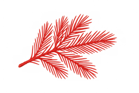 Shiny red christmas ornament hanging from evergreen branch, highlighting seasonal decorative element with clean, minimalist background