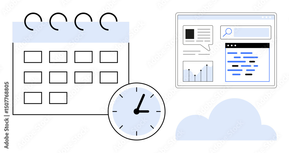Poster calendar with a clock signifying scheduling, website analysis interface with graphs, and cloud stora